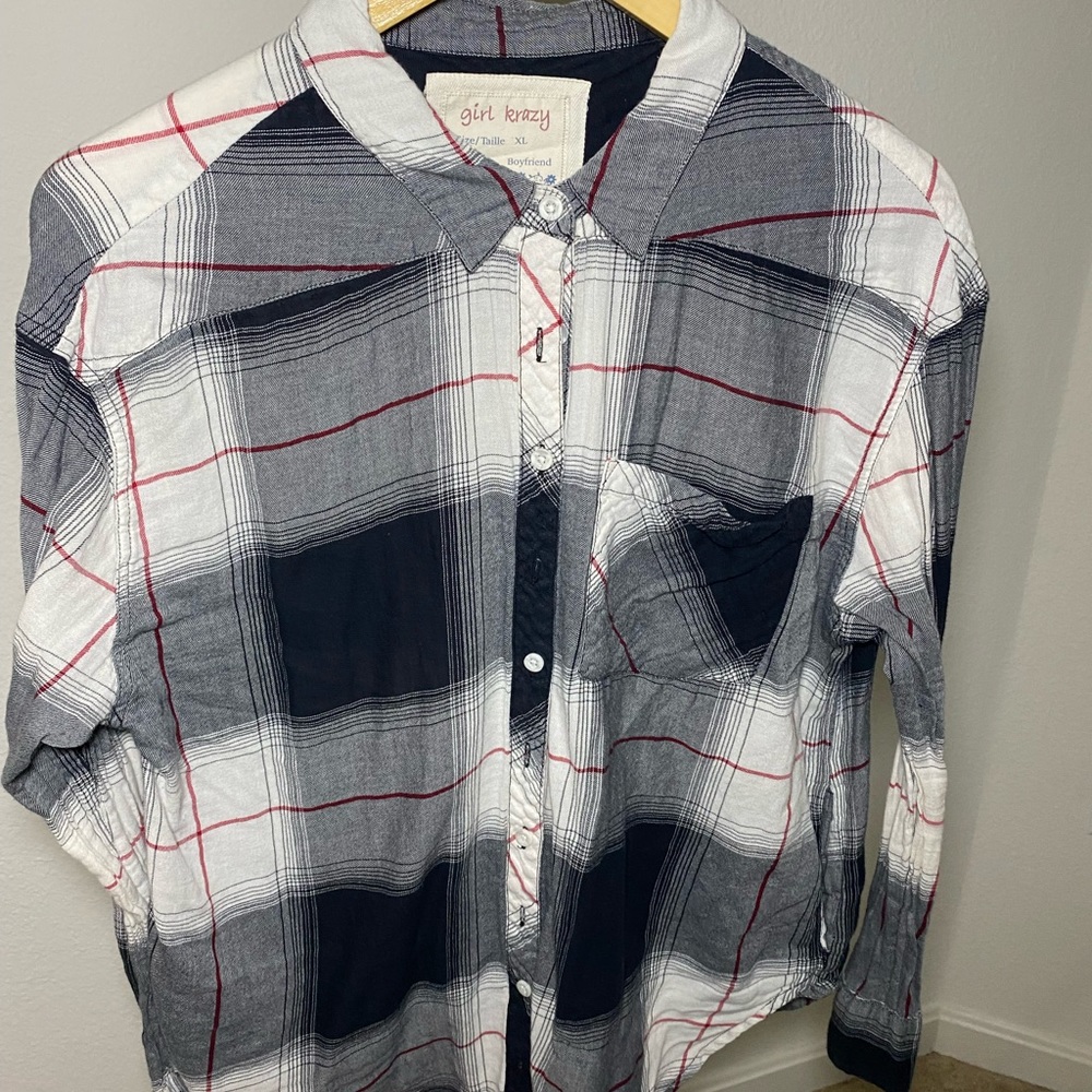 Black, white, red plaid button down t-shirt dress with pockets